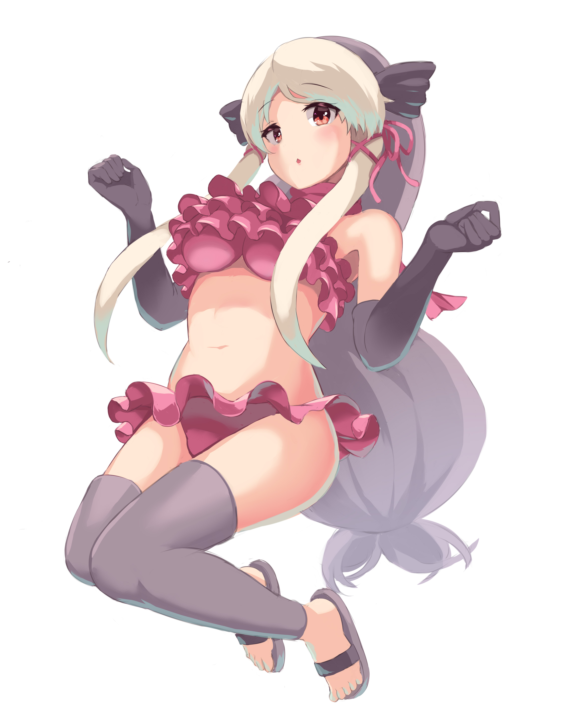 1girl absurdres bikini blonde_hair blush elbow_gloves frilled_bikini frills gloves grey_gloves grey_hair grey_thighhighs highres kemono_friends kemono_friends_3 long_hair looking_at_viewer midriff navel pink_bikini red_eyes sandals sawara_noa sidelocks solo swimsuit thighhighs walrus_(kemono_friends) white_hair