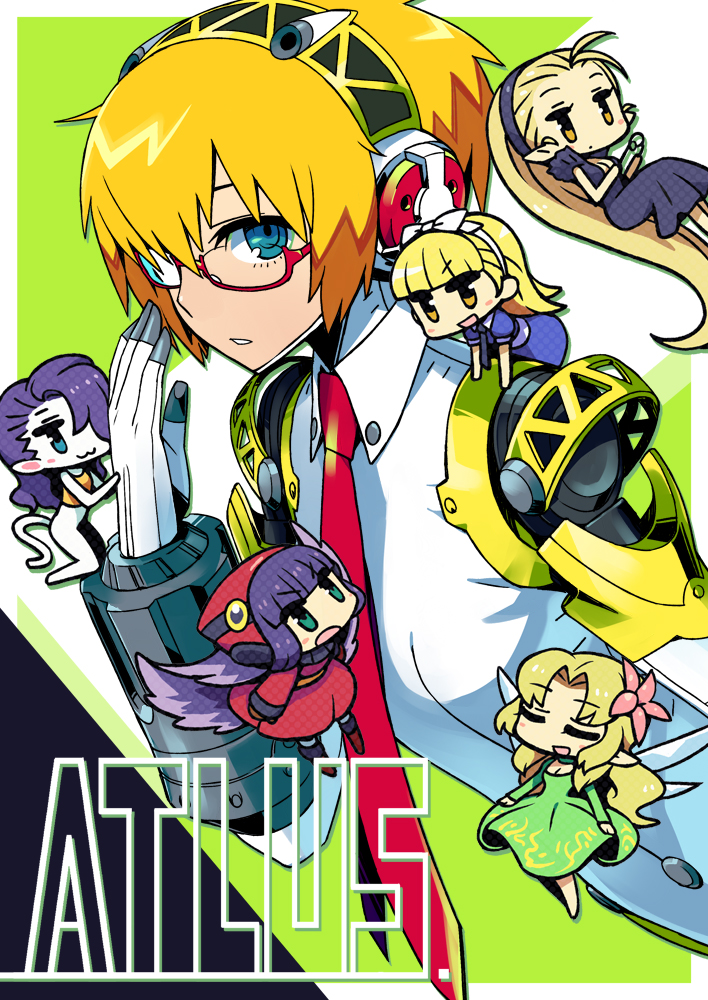 6+girls aigis_(persona) alice_(megami_tensei) android animal_ears atlus bespectacled black_dress blonde_hair blue_dress blue_eyes bottomless breasts brown_eyes cat_ears cat_tail chan_co chibi choker cleavage closed_eyes collared_shirt dress flower glasses hair_flower hair_ornament hairband hat headphones joints leanan_sidhe_(megami_tensei) long_hair medium_breasts multiple_girls muu_shuwuu_(megami_tensei) necktie nekomata_(megami_tensei) persona persona_3 persona_4:_the_ultimate_in_mayonaka_arena purple_hair red-framed_eyewear red_dress robot_joints semi-rimless_eyewear shin_megami_tensei shirt short_hair tail titania_(megami_tensei) under-rim_eyewear very_long_hair wings yellow_shirt
