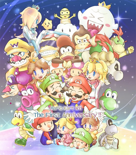 &gt;_&lt; 6+boys 6+girls :d ^_^ anniversary baby baby_daisy baby_luigi baby_mario baby_peach baseball_cap biker_clothes bikesuit birdo blonde_hair blue_eyes blue_overalls blush_stickers bodysuit bow bowser bowser_jr. bracelet brown_hair closed_eyes copyright_name crown diddy_kong donkey_kong donkey_kong_(series) dry_bones dry_bowser earrings english_text facial_hair fat fat_man flower_earrings funky_kong ghost gloves green_headwear green_shirt grin hair_over_one_eye happy hat horns jewelry king_boo koopa_troopa lakitu laughing long_hair long_sleeves looking_at_viewer luigi luma_(mario) mario mario_(series) mario_kart mario_kart_wii mi_(wothappiness) multiple_boys multiple_girls mustache nintendo open_mouth overalls pacifier ponytail princess_daisy princess_peach purple_headwear purple_overalls red_bow red_hair red_headwear red_shirt rosalina shirt short_hair sitting smile standing sunglasses teeth thick_eyebrows toad_(mario) toadette tongue tongue_out upper_teeth_only waluigi wario white_gloves yellow_headwear yellow_shirt yoshi