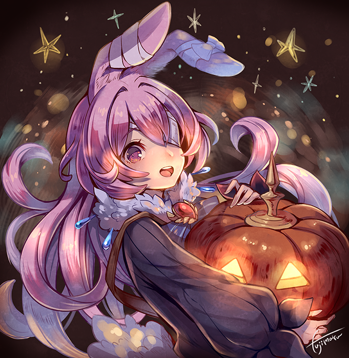 1girl animal_ears bandage_over_one_eye dragalia_lost fujimaru_(green_sparrow) halloween halloween_costume jack-o&#039;-lantern jacket long_hair melsa night night_sky open_mouth purple_eyes purple_hair rabbit_ears signature sky smile upper_body