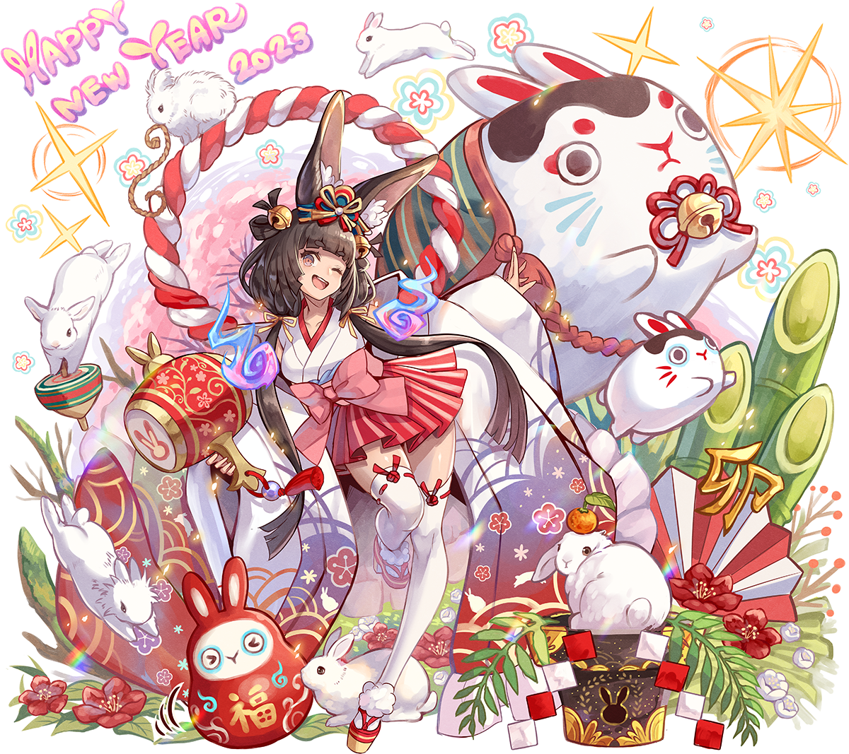 1girl 2023 animal animal_ears bamboo bell blunt_bangs blunt_ends brown_eyes brown_hair flower folding_fan fujimaru_(green_sparrow) full_body fur-trimmed_footwear fur_trim geta hair_bell hair_ornament hair_rings hand_fan happy_new_year holding holding_mallet japanese_clothes long_hair long_sleeves low_twintails mallet new_year nontraditional_miko one_eye_closed open_mouth original outstretched_arms pleated_skirt rabbit rabbit_ears rabbit_girl ribbon-trimmed_legwear ribbon_trim rope shimenawa skirt sleeves_past_wrists smile solo standing standing_on_one_leg thighhighs too_many too_many_rabbits twintails very_long_hair white_rabbit_(animal) wide_sleeves