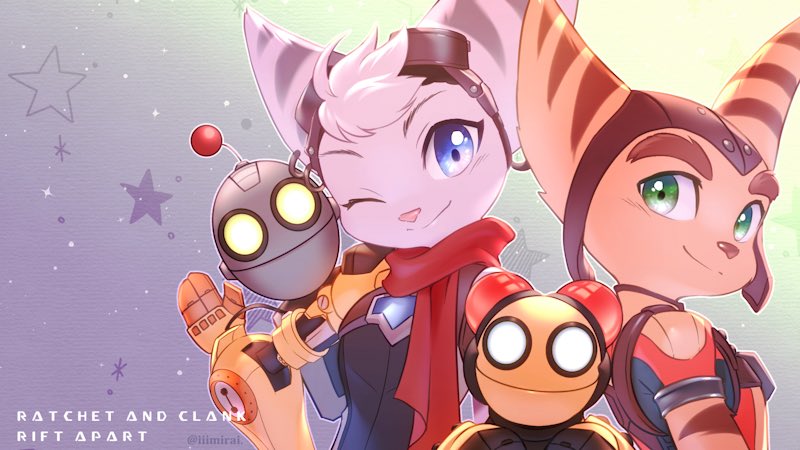 2boys 2girls antennae blue_eyes clank furry furry_female furry_male green_eyes humanoid_robot iiimirai kit_(ratchet_&amp;_clank) lombax mechanical_arms multiple_boys multiple_girls one_eye_closed ratchet_&amp;_clank ratchet_&amp;_clank:_rift_apart ratchet_(ratchet_&amp;_clank) rivet_(ratchet_&amp;_clank) robot scarf single_mechanical_arm smile star_(symbol) striped_fur thick_eyebrows upper_body