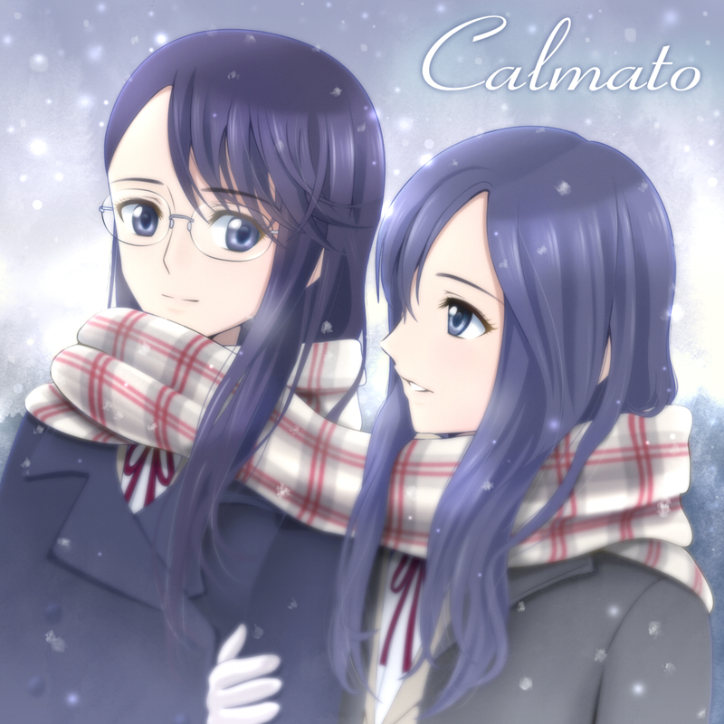 10s 2girls blue_eyes blue_hair eye_contact glasses gloves heartcatch_precure! holding_another&#039;s_arm jacket kurumi_momoka light_smile long_hair looking_at_another multiple_girls plaid_clothes plaid_scarf precure purple_hair scarf school_uniform sekken_kasu_barrier shared_clothes shared_scarf snow tsukikage_yuri