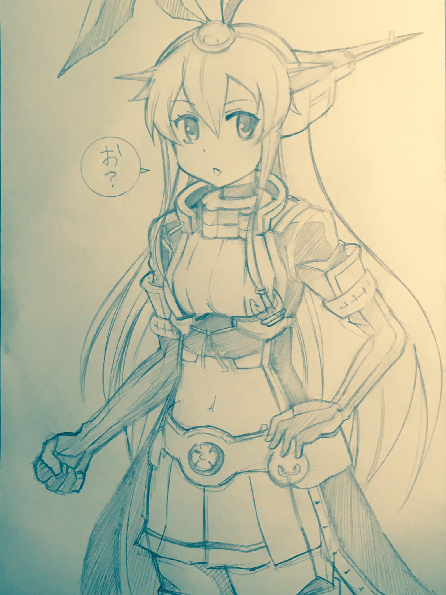 1girl anchor_hair_ornament animal_ears arm_guards clenched_hand collar commentary_request cosplay elbow_gloves fake_animal_ears female_focus garter_straps gloves hair_between_eyes hair_ornament hairband hand_on_own_hip headgear highres inoue_kousei kantai_collection long_coat long_hair looking_at_viewer midriff nagato_(kancolle) nagato_(kancolle)_(cosplay) navel open_mouth partially_fingerless_gloves pleated_skirt rabbit_ears remodel_(kantai_collection) shimakaze_(kancolle) sidelocks skirt solo thighhighs traditional_media translated