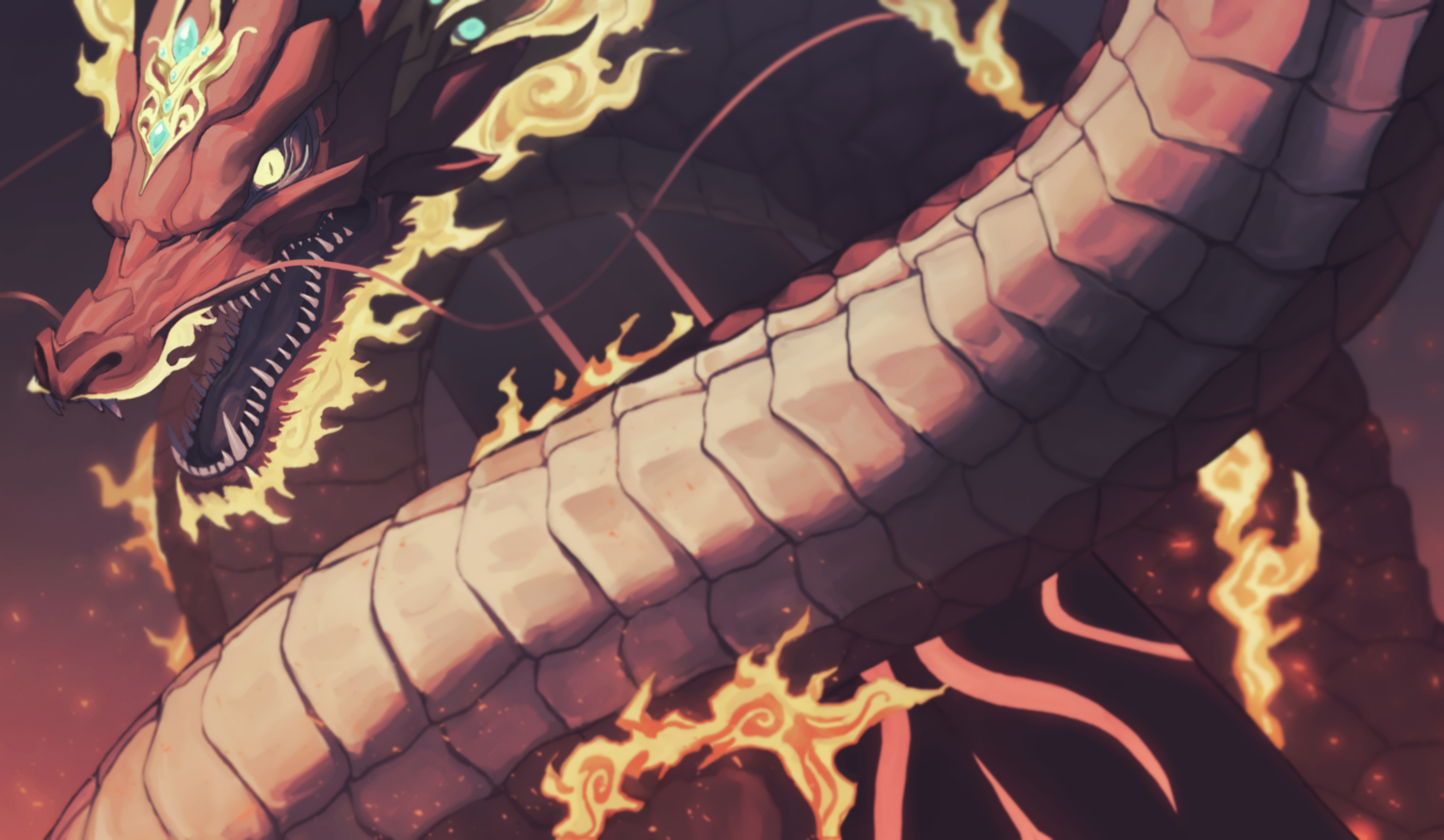 absurdres dragon duel_monster eastern_dragon fire highres kabanoki no_humans sharp_teeth slit_pupils solo teeth yellow_eyes yu-gi-oh!