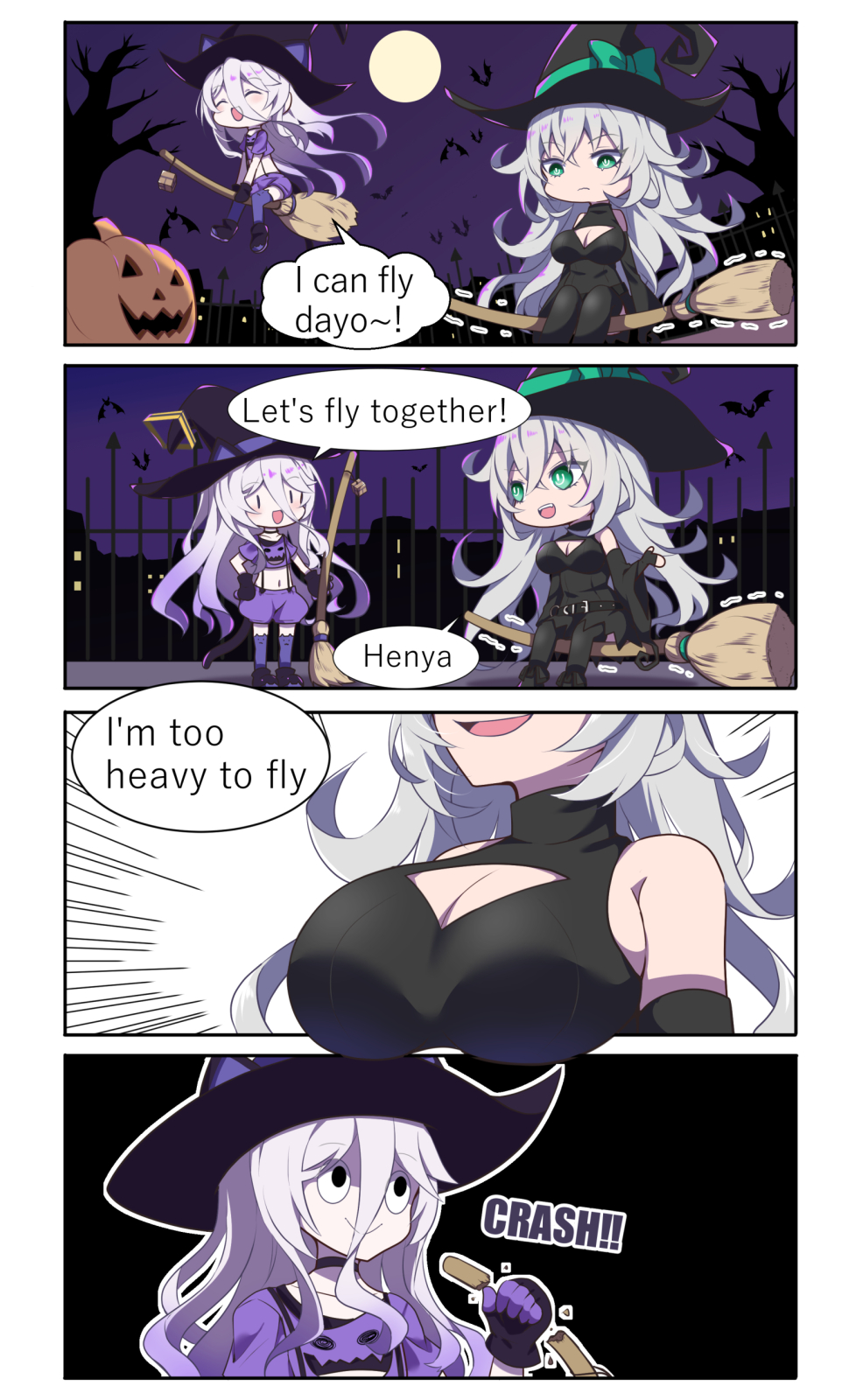 2girls ankle_boots aqua_eyes black_choker black_dress black_eyes black_footwear black_gloves black_hat black_thighhighs boots breasts broom broom_riding chibi choker cleavage cleavage_cutout clothing_cutout detached_sleeves dress fingerless_gloves gloves grey_hair hair_between_eyes hat henya_the_genius highres holding holding_broom keshi273 large_breasts long_bangs long_hair multiple_girls open_mouth purple_shirt purple_shorts purple_thighhighs shirt shorts sleeveless sleeveless_dress small_breasts suspender_shorts suspenders thighhighs very_long_hair virtual_youtuber vshojo witch witch_hat zentreya zentreya_(cyborg) zentreya_(cyborg)_(1st_costume)