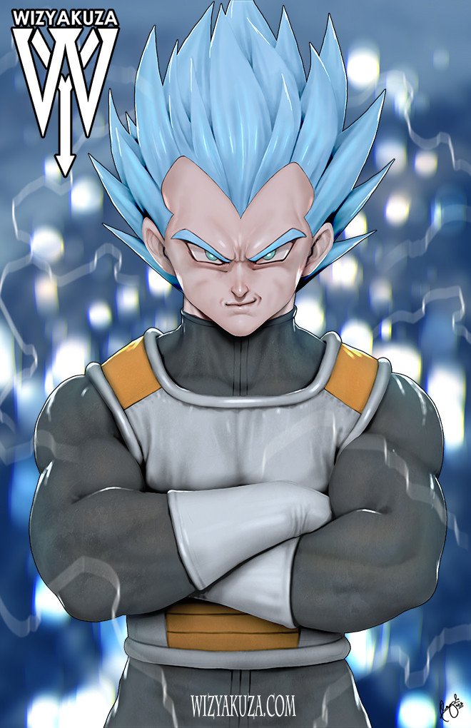 10s 1boy armor artist_name blue_eyes blue_hair crossed_arms dragon_ball dragon_ball_super electricity gloves male_focus manly muscular signature smile solo spiked_hair super_saiyan super_saiyan_blue turtleneck vegeta watermark web_address white_gloves widow&#039;s_peak wizyakuza