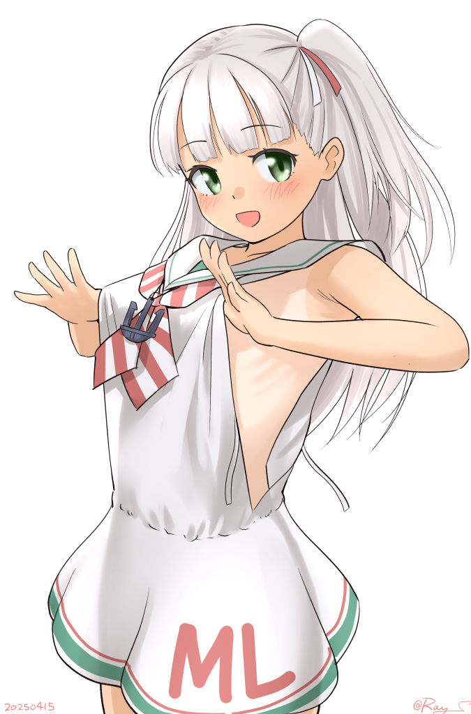1girl anchor_hair_ornament anchor_necklace blush dress green_eyes grey_hair hair_ornament hair_ribbon jewelry kantai_collection long_hair looking_at_viewer low-cut_armhole maestrale_(kancolle) neckerchief necklace no_headwear one-hour_drawing_challenge one_side_up open_mouth ray.s ribbon sailor_dress sleeveless sleeveless_dress smile solo striped_neckerchief upper_body white_dress