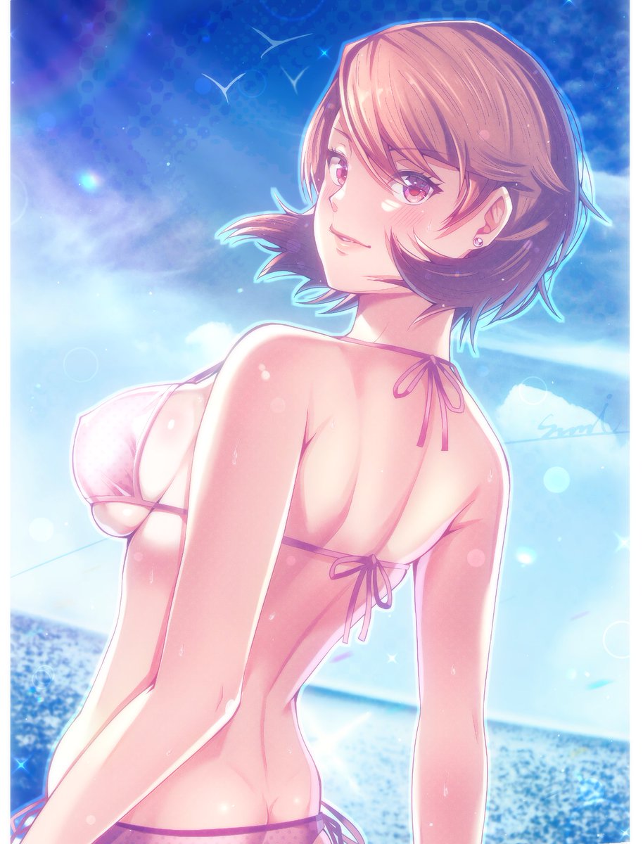 1girl bird blush breasts brown_eyes brown_hair butt_crack cloud cloudy_sky corner50777313 dutch_angle earrings highres jewelry light_smile looking_at_viewer medium_breasts ocean persona persona_3 sky stud_earrings sun_glare swept_bangs swimsuit takeba_yukari