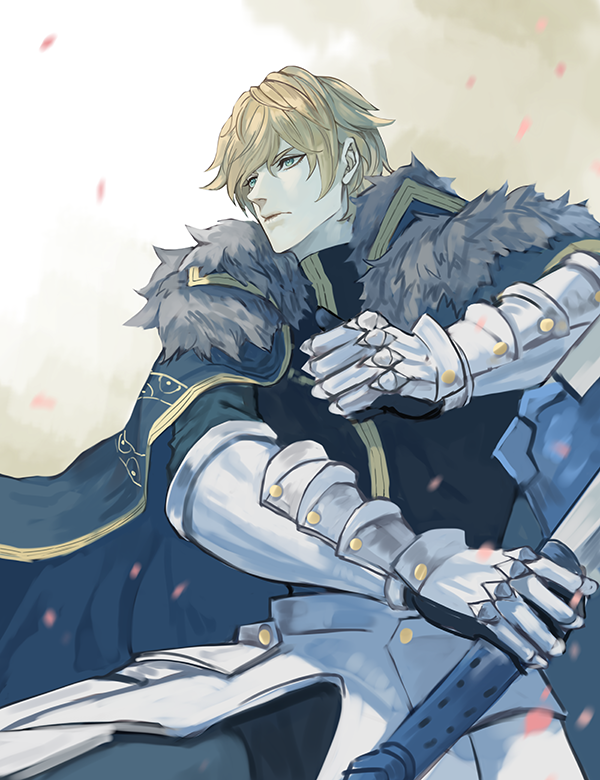 armor bishounen blonde_hair blue_cape blue_eyes cape excalibur_galatine_(fate) fate/grand_order fate_(series) fur-trimmed_cape fur_trim gawain_(fate) sword weapon yepnean