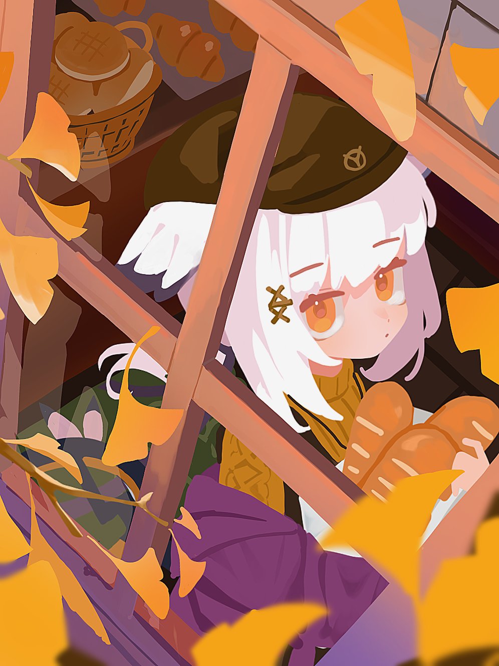 1girl :o arknights basket bread brown_hat commentary_request feather_hair food from_above ginkgo_leaf hair_ornament hat highres holding holding_food indoors jacket leaf loaf_of_bread looking_at_viewer looking_up official_alternate_costume orange_eyes orange_sweater ptilopsis_(arknights) ptilopsis_(serenity)_(arknights) purple_jacket ribbed_sweater shirota_(petapeta84) solo sweater upper_body white_hair window