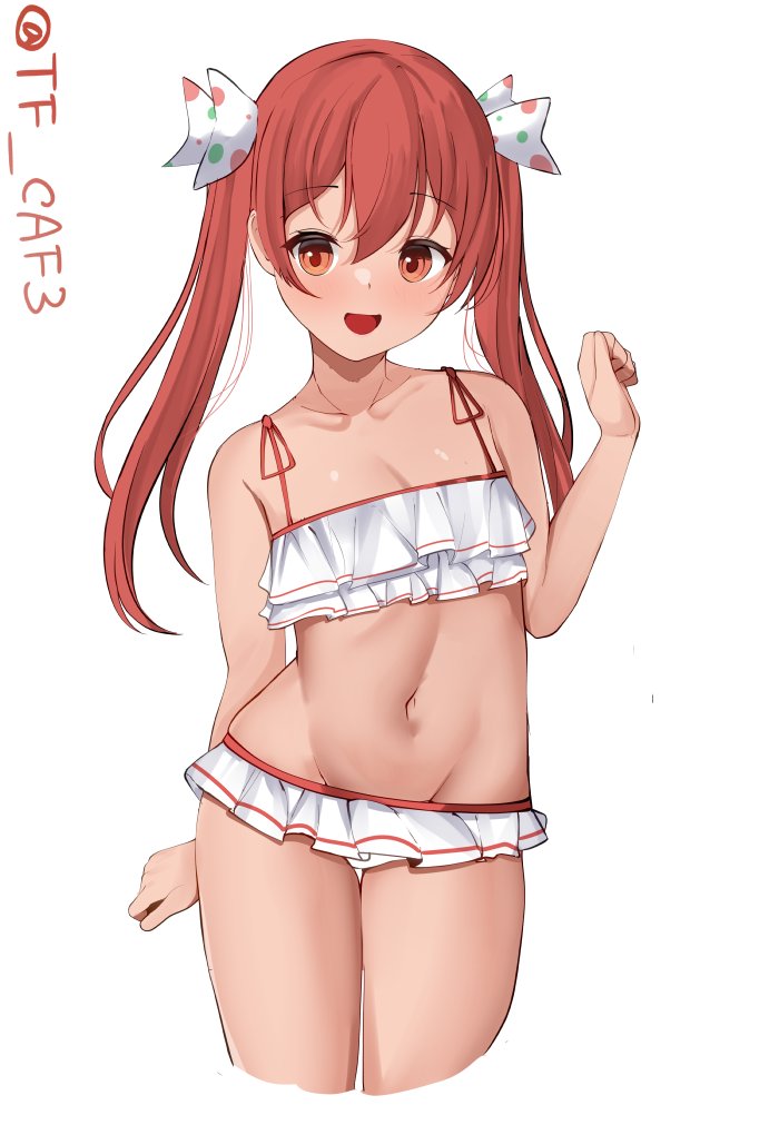 1girl bikini bikini_skirt breasts cropped_legs groin kantai_collection libeccio_(kancolle) libeccio_(swimsuit)_(kancolle) long_hair navel official_alternate_costume red_eyes simple_background skirt small_breasts solo standing swimsuit tf_cafe thigh_gap twintails twitter_username white_background white_skirt