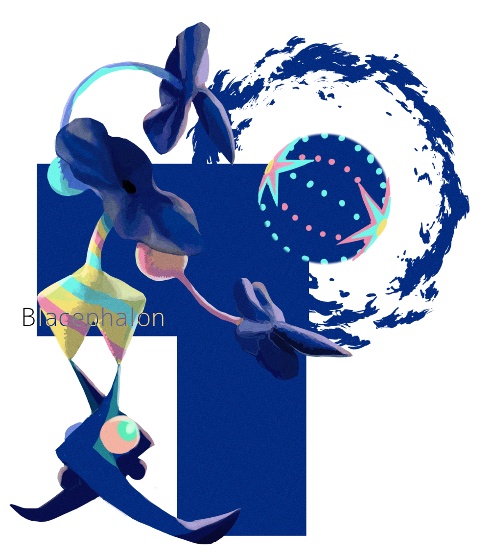 1other alternate_color blacephalon blue_skin character_name colored_skin disembodied_head full_body gen_7_pokemon looking_at_viewer nintendo pleo pokemon pokemon_(creature) pokemon_focus polka_dot shiny_pokemon simple_background solo standing ultra_beast white_background