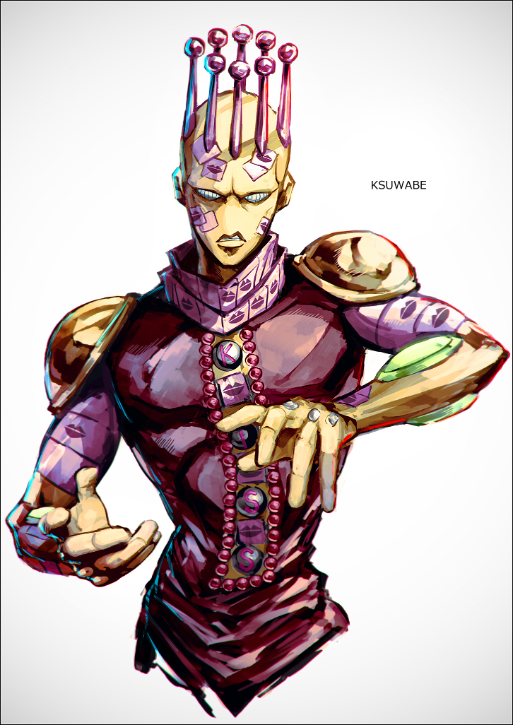 artist_name clenched_teeth commentary cropped_legs gradient_background green_eyes grey_background jojo_no_kimyou_na_bouken k-suwabe kiss_(stand) looking_at_viewer no_humans open_hand simple_background stand_(jojo) sticker stone_ocean teeth upper_body