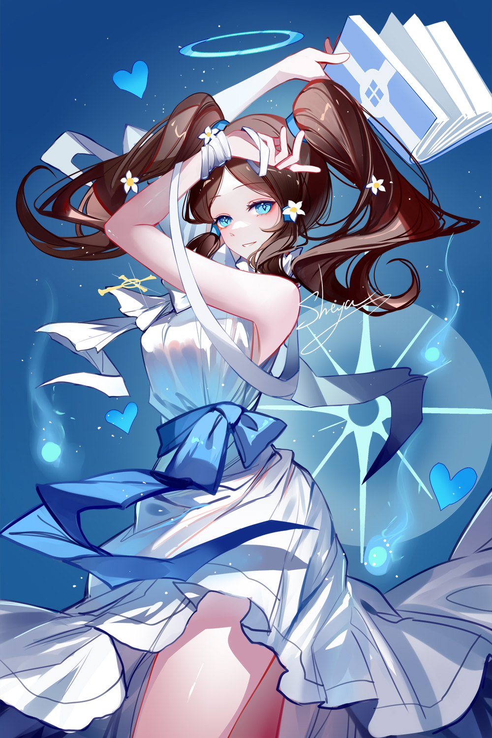 1girl artist_name bare_arms bare_shoulders blue_eyes blue_sash book brown_hair character_request copyright_request cowboy_shot dress grin halo heart highres holding holding_book long_hair looking_at_viewer sash sheya smile solo standing thighs twintails white_dress