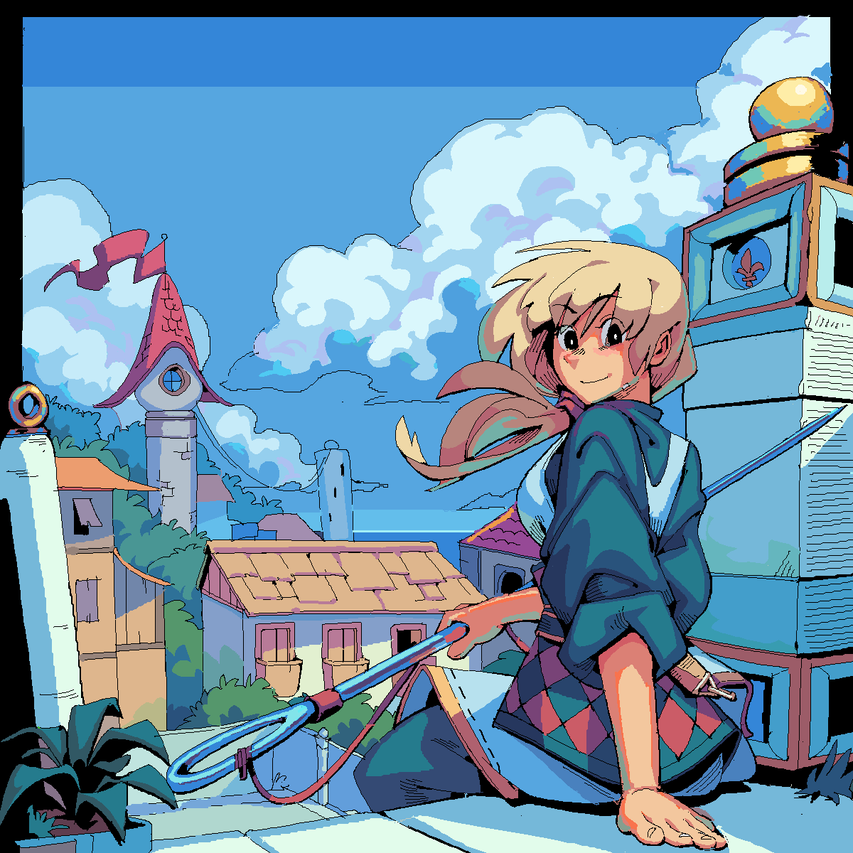 1girl apron aqua_shirt aqua_skirt banister black_border black_eyes blue_sky border building bush closed_mouth cloud commentary english_commentary facing_away flag fleur-de-lis forest hand_on_ground highres holding_sewing_needle istarling long_hair looking_at_viewer looking_back microsoft_paint_(medium) nature ocean original outdoors outside_border oversized_object planter ponytail shirt sitting sitting_on_stairs skirt sky solo stairs stone_stairs thread tower town white_apron