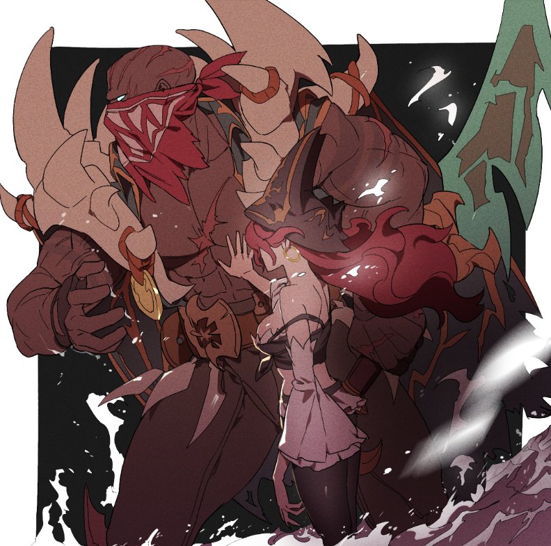 1boy 1girl abs bald belt black_gloves black_pants border breasts brown_belt crop_top dark-skinned_male dark_skin detached_sleeves earrings fingerless_gloves floating_hair from_side gloves glowing glowing_eye hand_on_another&#039;s_chest hat holding holding_weapon jewelry league_of_legends mask medium_breasts miss_fortune_(league_of_legends) mouth_mask muscular muscular_male pants pirate_hat pyke_(league_of_legends) red_hair scar scar_on_arm scar_on_chest scar_on_face sideboob simple_background single_bare_shoulder standing water weapon white_border white_sleeves zaket07