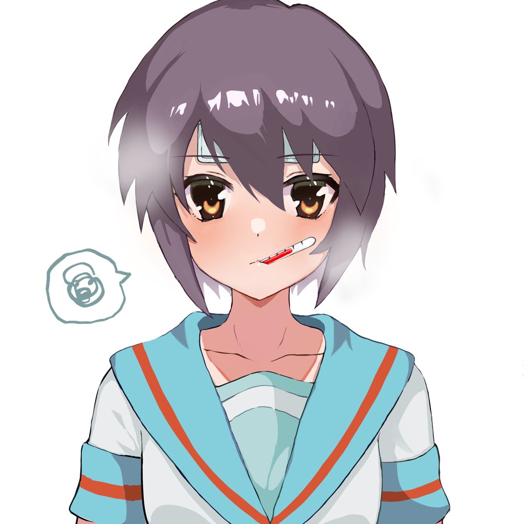 1girl bad_id bad_twitter_id blue_sailor_collar blush brown_eyes cold_pack fever kita_high_school_uniform liquid-in-glass_thermometer looking_at_viewer mouth_hold nagato_yuki purple_hair sailor_collar school_uniform serafuku short_hair short_sleeves sick simple_background solo speech_bubble suzumiya_haruhi_no_yuuutsu thermometer towel towel_on_head u_ik95 white_background
