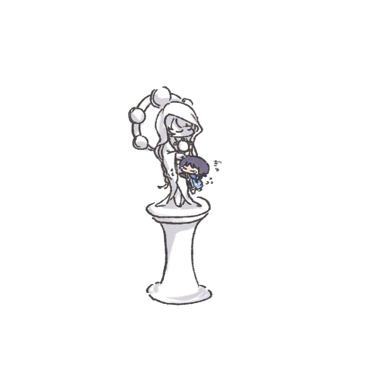 1boy black_hair black_shirt black_shorts blue_headwear blush chibi closed_eyes genshin_impact highres jacket hugging_object raiden_shogun scaramouche_(genshin_impact) shirt shorts statue statue_of_the_seven wanderer_(genshin_impact) white_background white_jacket yoku_(knee_cap_)