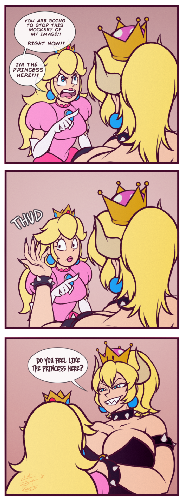 2girls angry artist_request bane bare_shoulders batman_(series) blonde_hair blue_eyes bowsette breasts cleavage dc_comics english_text grin highres horns large_breasts long_hair mario_(series) medium_breasts monster_girl multiple_girls new_super_mario_bros._u_deluxe nintendo parody princess_peach smile super_crown the_dark_knight_rises