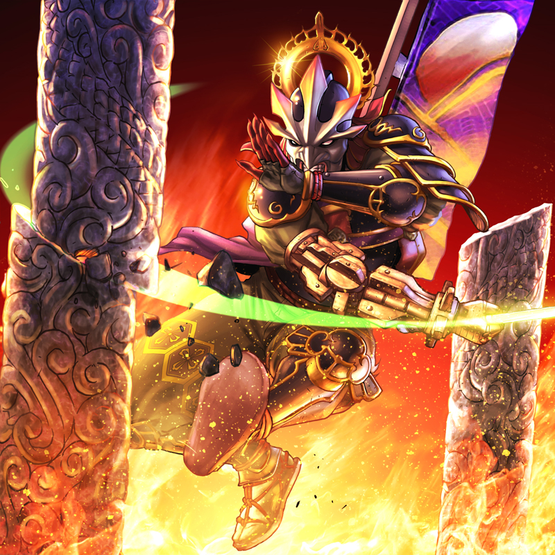 1boy amputee banner cuts epic fighting_stance fire gauntlets headdress injury japanese_clothes katana male_focus mask namco ninja prosthesis samurai solo soul_calibur soulcalibur soulcalibur_iii sword tabi weapon yoshimitsu_(namco)