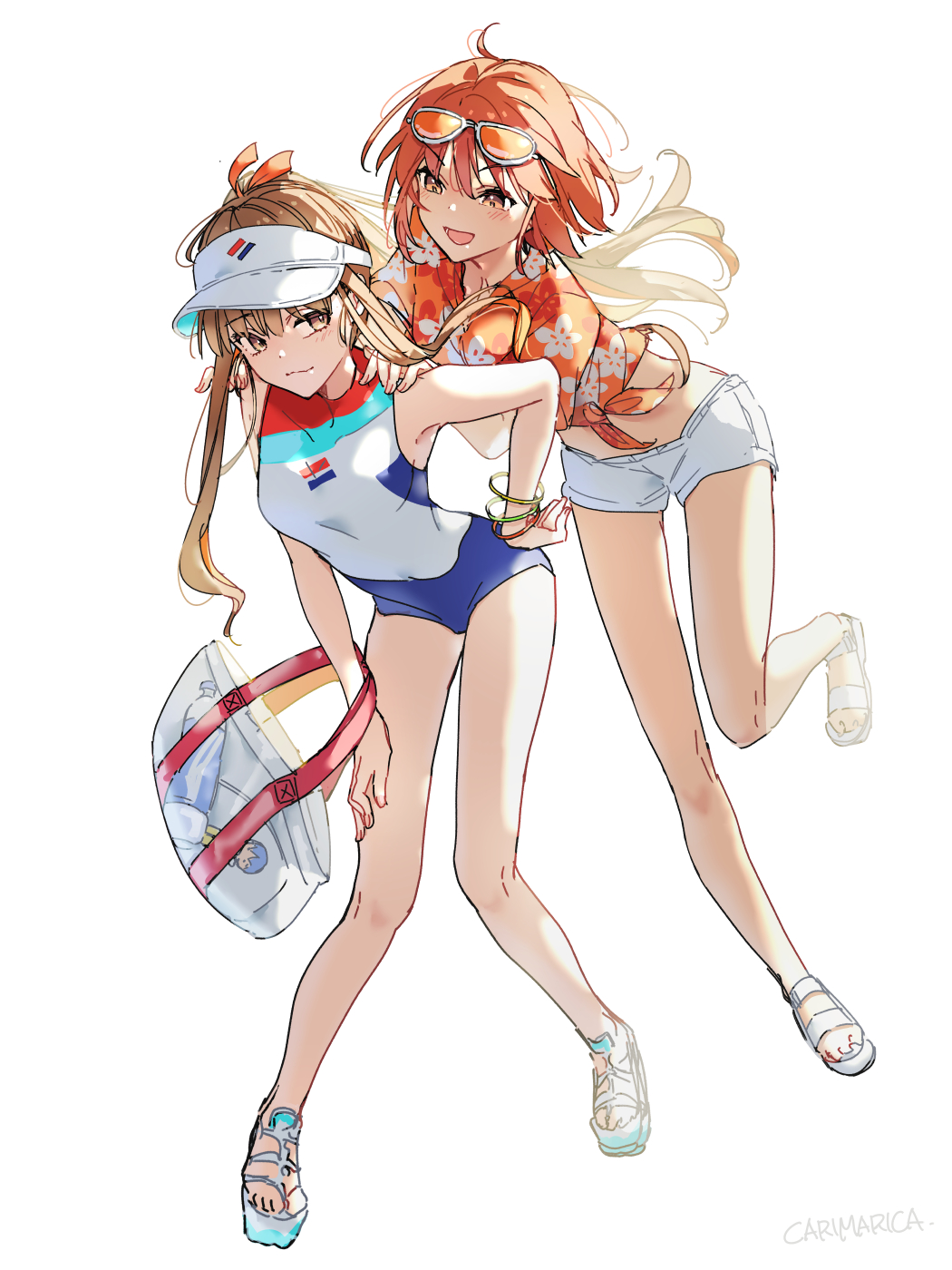 2girls armlet bag bottle brown_eyes brown_hair carimarica character_doll doll fate/extra fate/extra_ccc fate/grand_order fate_(series) floral_print flower fujimaru_ritsuka_(female) fujimaru_ritsuka_(female)_(tropical_summer) glasses gym_uniform hat highres jewelry kishinami_hakuno_(female) legs long_hair midriff multiple_girls one-piece_swimsuit orange-tinted_eyewear orange_eyes orange_hair orange_shirt plastic_bag sandals shirt short_hair short_shorts shorts swimsuit tinted_eyewear water_bottle white_flower