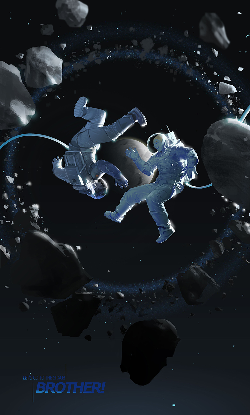 2boys ^_^ astronaut black_hair blonde_hair brothers closed_eyes copyright_name gradient_background highres hunsay laughing male_focus moon multiple_boys nanba_hibito nanba_mutta short_hair siblings space spacesuit text_focus uchuu_kyoudai upside-down