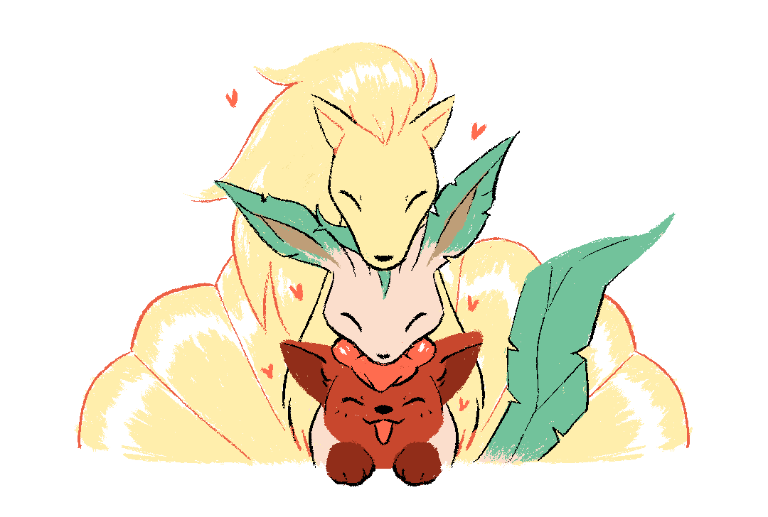 animal_focus closed_eyes commentary english_commentary gen_1_pokemon gen_4_pokemon gotchibam heart leafeon ninetales nintendo no_humans open_mouth pokemon pokemon_(creature) simple_background smile vulpix white_background