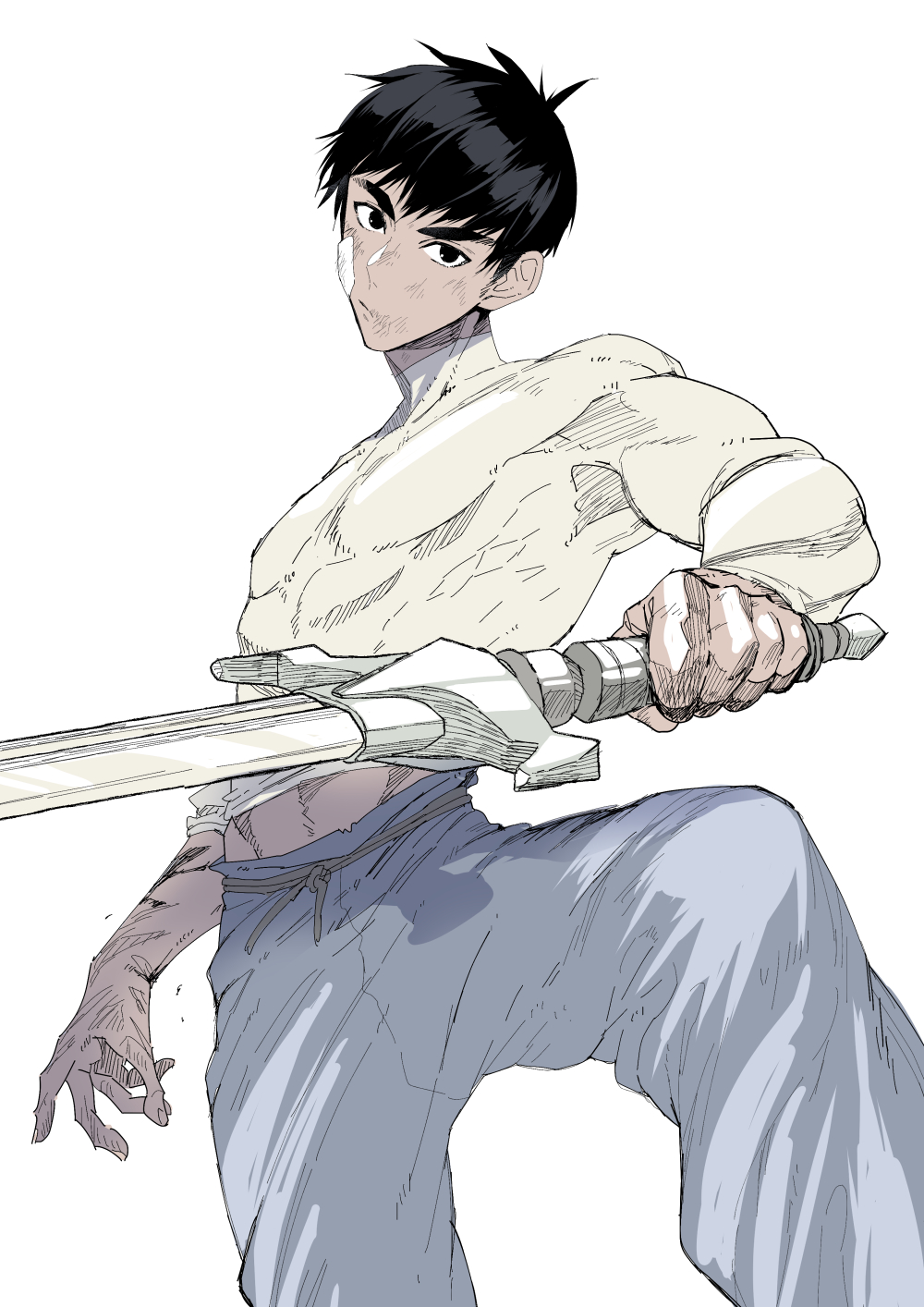 1boy alternate_costume bandage_on_cheek black_eyes black_hair blue_pants collarbone commentary_request covered_abs covered_pectorals dirty dirty_clothes dirty_face dragon_quest dragon_quest_i hatching_(texture) hero_(dq1) highres holding holding_sword holding_weapon knee_up looking_at_viewer male_focus matudairaks midriff_peek muscular muscular_male pants pectorals shirt short_hair solo sword turtleneck turtleneck_shirt weapon white_background
