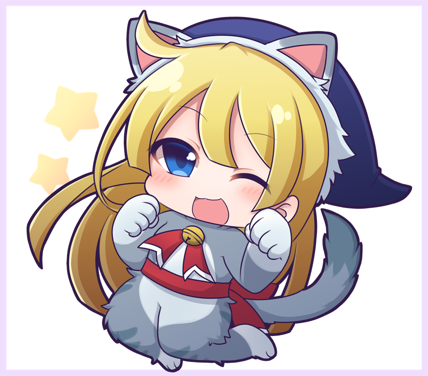 1girl animal_costume bell blonde_hair blue_eyes border cat_costume chibi full_body hat jingle_bell long_hair looking_at_viewer one_eye_closed paw_pose puyopuyo red_ribbon red_sash ribbon sash shiohachi solo very_long_hair white_background witch_(puyopuyo) wizard_hat