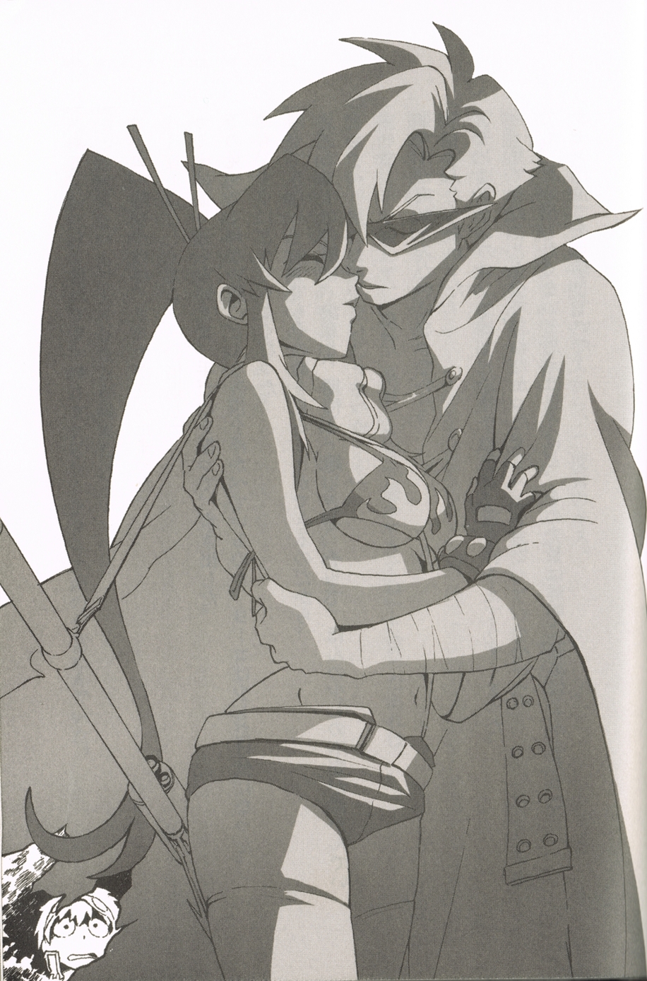 00s 1girl 2boys bikini bikini_top_only blush breasts cape closed_eyes couple face-to-face fingerless_gloves gloves greyscale gun hetero highres holding imminent_kiss kamina_(ttgl) kamina_shades large_breasts legs monochrome multiple_boys official_art ponytail rifle scan scarf shinagawa_hiroki short_shorts shorts sideboob simon_(ttgl) surprised swimsuit tengen_toppa_gurren_lagann thighhighs thighs triangular_eyewear underboob weapon yoko_littner