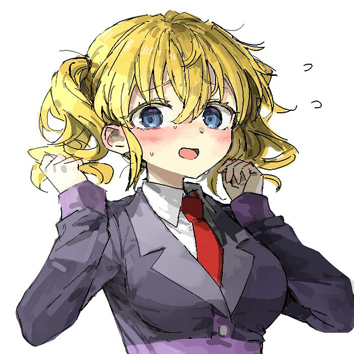 1girl :d alternate_hairstyle black_jacket blazer blonde_hair blue_eyes blush breasts collared_shirt colored_eyelashes commentary_request flying_sweatdrops ghkdakrh1129 hair_between_eyes hands_up jacket korean_commentary looking_at_viewer medium_breasts necktie nervous_smile open_mouth red_necktie shirt short_hair simple_background smile solo sweat twintails umineko_no_naku_koro_ni upper_body ushiromiya_jessica white_background white_shirt