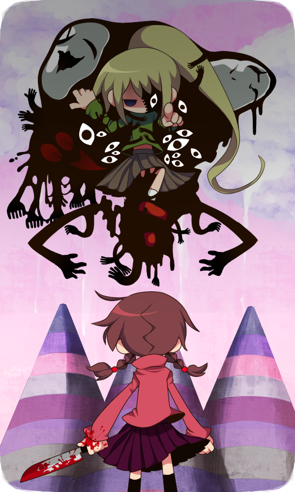 2girls bad_id bad_pixiv_id black_eyes blonde_hair blood bloody_knife braid brown_hair floating from_behind funamusea_(artist) knife madotsuki mogeko multiple_girls pink_shirt pointing poniko ponytail purple_skirt red_eyes rounded_corners shirt skirt smile turtleneck twin_braids uboa yume_nikki
