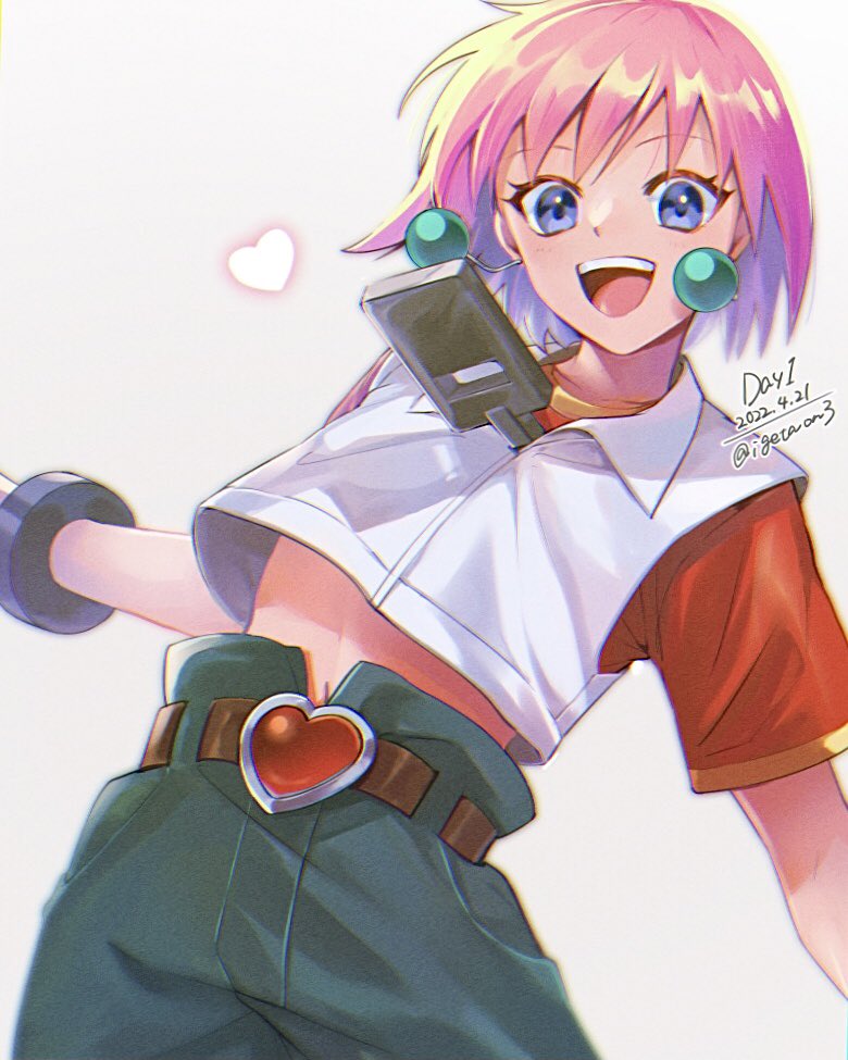 1girl beauty_(bobobo-bo_bo-bobo) belt blue_eyes bobobo-bo_bo-bobo dated denim earrings igetaon3 jeans jewelry looking_at_viewer midriff open_mouth pants pink_hair short_hair simple_background smile solo white_background
