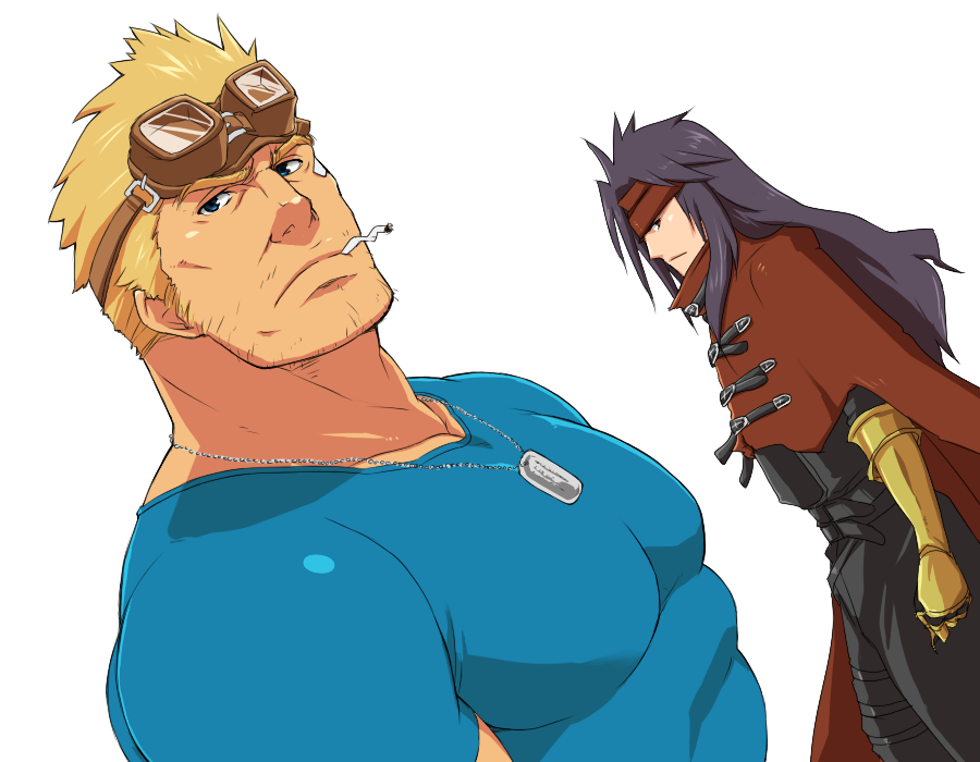 2boys bandaid bandaid_on_face bandana bara beard_stubble black_hair black_pants blonde_hair blue_shirt cape cid_highwind cigarette closed_mouth covered_pectorals dog_tags dutch_angle facial_hair final_fantasy final_fantasy_vii gauntlets goggles goggles_on_head jewelry long_hair looking_at_viewer magnum_feering male_focus multiple_boys muscular muscular_male necklace pants pectorals red_bandana red_cape shirt smoking spiked_hair stubble vincent_valentine white_background