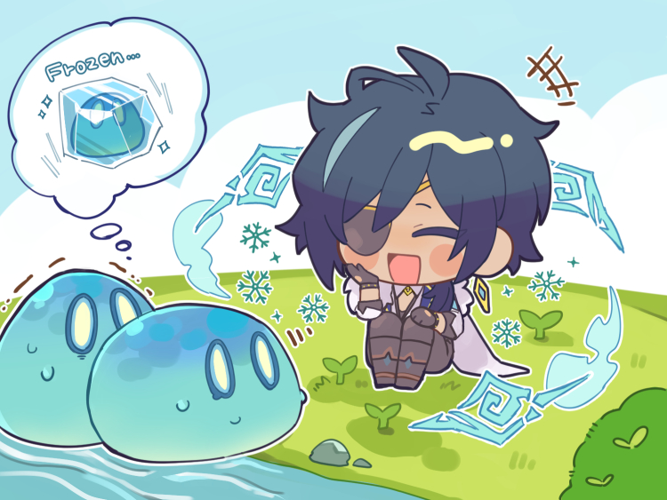 +++ 1boy :d ^_^ antenna_hair black_boots black_gloves black_pants blue_hair blue_sky blush blush_stickers boots bush cape chibi cleavage_cutout closed_eyes clothing_cutout cloud collared_shirt commentary_request dark-skinned_male dark_skin day elbow_rest eyepatch frozen fur-trimmed_cape fur_trim genshin_impact gloves grass hair_over_shoulder head_rest ice imagining kaeya_(genshin_impact) knees_up koma_(km_mmmk) long_hair long_sleeves looking_at_another male_focus multicolored_hair on_grass one_eye_covered open_mouth outdoors pants parted_bangs ponytail rock scared shirt sidelocks sitting sky slime_(creature) slime_(genshin_impact) smile snowflakes solo sparkle speech_bubble sprout streaked_hair swept_bangs thought_bubble trembling water white_cape white_shirt