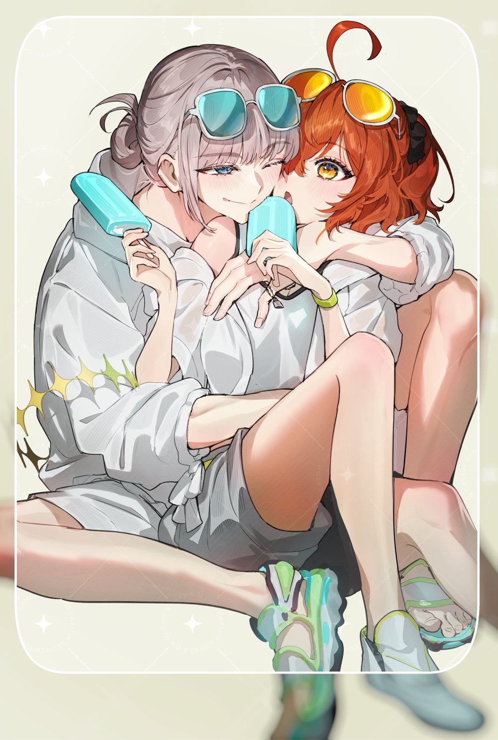 1boy 1girl ahoge baggy_clothes black_scrunchie blue_eyes breasts character_hood cropped_jacket eyewear_on_head fate/grand_order fate_(series) food fujimaru_ritsuka_(female) fujimaru_ritsuka_(female)_(summer_street) galibo grey_hair grey_shorts hair_ornament hair_scrunchie highres holding holding_food holding_popsicle hood jacket long_sleeves oberon_(fate) oberon_(refreshing_summer_prince)_(fate) official_alternate_costume one_eye_closed open_mouth orange_hair pants popsicle sandals scrunchie short_hair short_sleeves shorts side_ponytail smile sports_sandals white_jacket white_shorts