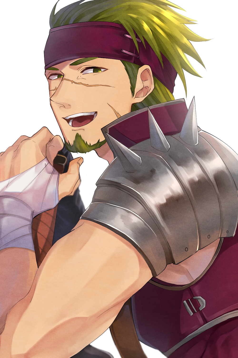 1boy bad_id bad_pixiv_id bandages beard facial_hair fire_emblem fire_emblem:_the_sacred_stones gerik_(fire_emblem) green_eyes green_facial_hair green_hair headband highres male_focus nintendo open_mouth scar solo teeth user_hyxw5847 white_background