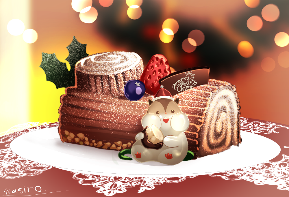 1girl artist_name blueberry blurry bokeh cake chocolate christmas commentary_request depth_of_field eating food fruit fruitcake full_body hamster hamsuke hat looking_at_viewer masiro merry_christmas mistletoe no_humans on_plate overlord_(maruyama) plate puffy_cheeks santa_hat snake_tail solo strawberry table tail