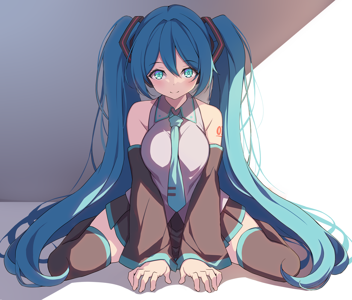 1girl bare_shoulders between_breasts between_legs blue_eyes blue_hair blue_necktie breasts breasts_squeezed_together brown_skirt brown_sleeves brown_thighhighs closed_mouth collared_shirt commentary_request creek_(moon-sky) detached_sleeves full_body grey_shirt hair_between_eyes hand_between_legs hatsune_miku long_hair long_sleeves looking_at_viewer medium_breasts necktie necktie_between_breasts pleated_skirt shirt sitting skirt sleeveless sleeveless_shirt smile solo thighhighs twintails very_long_hair vocaloid wariza wide_sleeves