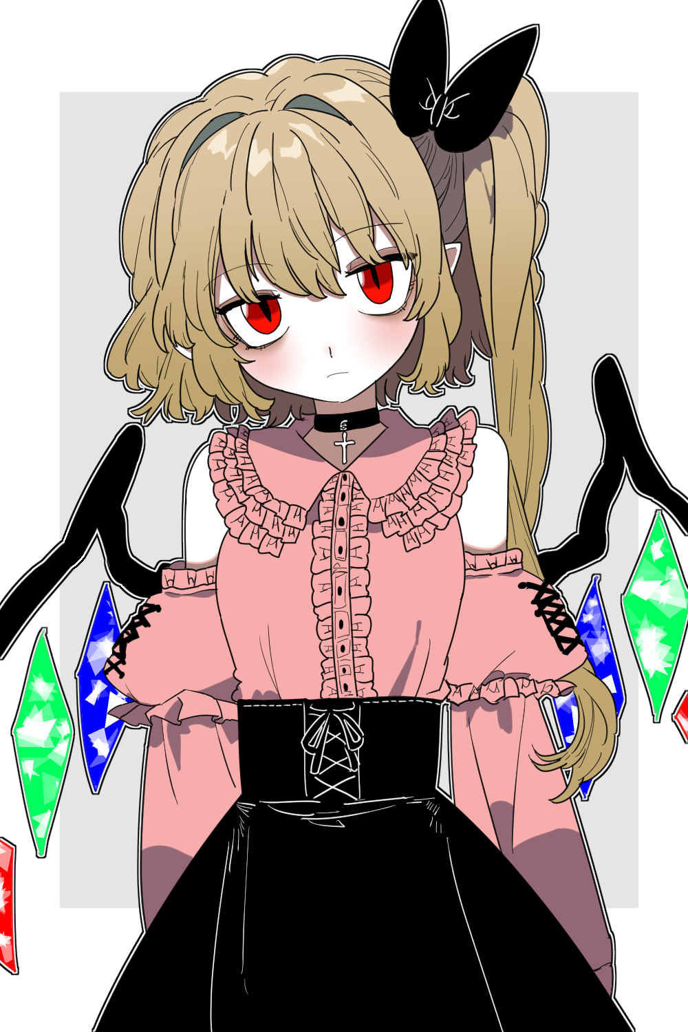 1girl bare_shoulders black_bow black_choker black_skirt blonde_hair bollzzalguy bow choker closed_mouth cross cross_choker crystal_wings detached_sleeves flandre_scarlet frilled_shirt frilled_shirt_collar frills grey_background hair_bow hair_intakes highres jirai_kei long_hair long_sleeves looking_at_viewer multicolored_wings pink_shirt red_eyes shirt shirt_tucked_in side_ponytail skirt solo touhou wings