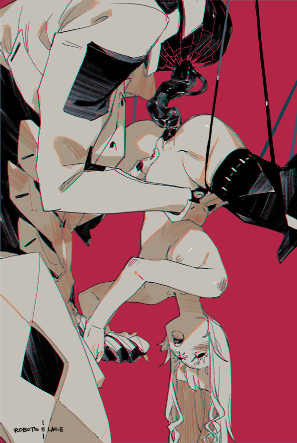 1boy 1girl bdsm blush bondage bound breasts completely_nude criticality_(robots_&amp;_lace) hetero holding_another&#039;s_legs humanoid_robot large_penis long_hair nipples nude open_mouth penis penis_grab prosthesis prosthetic_leg ratio_(robots_&amp;_lace) red_background restrained robot robots_&amp;_lace sarah_stone simple_background size_difference small_breasts spread_legs suspension tentacle_sex tentacles upside-down vaginal