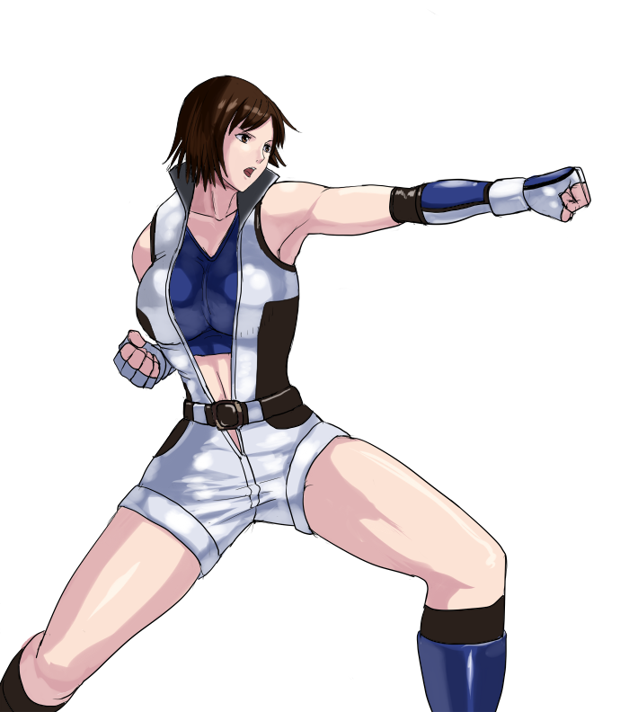 1girl 78_(tky8) arm_up armpits belt black_eyes black_hair boots boxing_gloves collarbone eyebrows_hidden_by_hair fingerless_gloves gloves kazama_asuka looking_ahead muscular open_clothes open_mouth punching short_hair shorts simple_background solo sports_bra tekken vest white_background