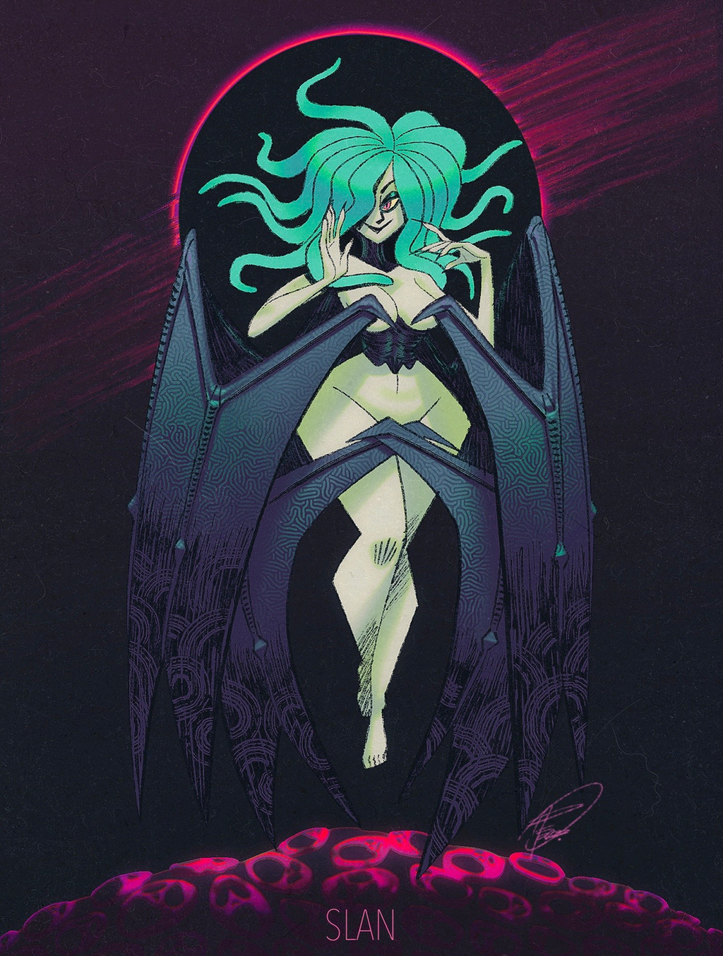 1girl bare_arms bare_shoulders berserk black_wings collar demon demon_girl demon_wings grillhou5e highres metal_collar nude pale_skin slan_(berserk) solo wings