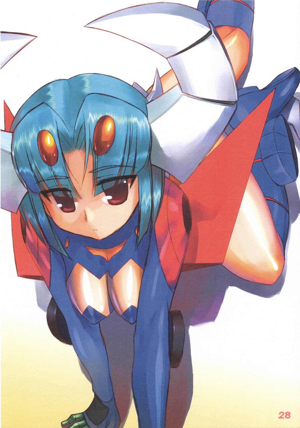 00s 1970s_(style) 1girl blue_hair breasts daikuu_maryuu female_focus gaiking gaiking:_legend_of_daikuu_maryuu hechi highres horns kneeling large_breasts mecha_musume oldschool personification red_eyes retro_artstyle solo toei_animation