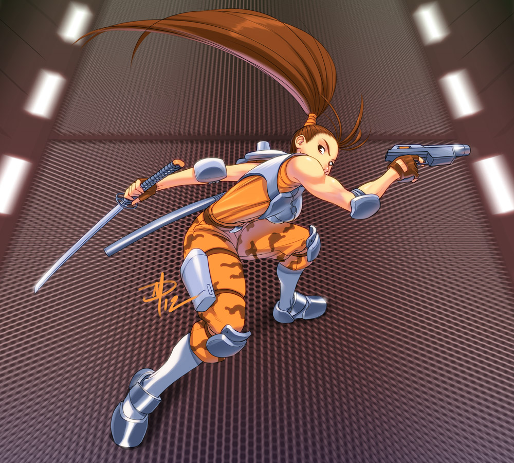 1990s_(style) 1girl alien_(series) alien_vs._predator aliens_(1986) armor boots camouflage capcom colonial_marine cyborg female_focus fingerless_gloves gloves gun hallway handgun holster katana knee_pads linn_kurosawa military military_uniform motion_blur muscular polarityplus predator_(series) retro_artstyle science_fiction shoulder_pads solo space_marine sword thigh_holster weapon
