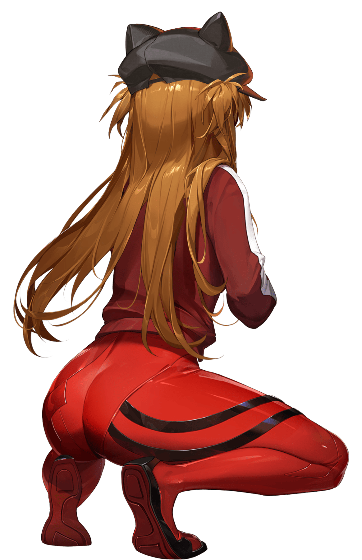 1girl aiming artist_collaboration ass bodysuit breasts brown_hair curvy evangelion:_3.0_you_can_(not)_redo goddess_of_victory:_nikke hat highres holding holding_weapon huge_ass interface_headset_(evangelion) jacket long_hair mecha_pilot_suit neon_genesis_evangelion official_art plugsuit_(evangelion) rebuild_of_evangelion red_bodysuit red_jacket ryona serious shiny_clothes simple_background skin_tight souryuu_asuka_langley squatting third-party_edit transparent_background two_side_up very_long_hair weapon wide_hips