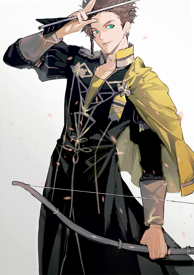 1boy arm_up arrow_(projectile) bow_(weapon) braid brown_hair cape claude_von_riegan closed_mouth coat collarbone crew_neck earrings fire_emblem fire_emblem:_three_houses green_eyes holding holding_arrow holding_bow_(weapon) holding_weapon jewelry juliet_sleeves long_sleeves looking_to_the_side male_focus nintendo open_clothes open_coat piercing popped_collar puffy_sleeves salute shirt short_braid short_sideburns side_braid side_cape sideways_glance simple_background single_braid sleeve_cuffs solo standing tsukimura_noe two-finger_salute weapon white_background yellow_cape yellow_shirt