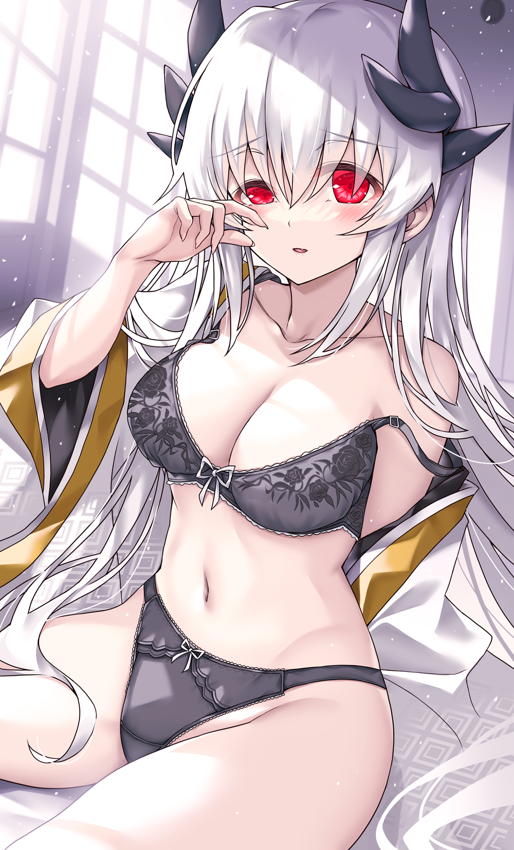 1girl bare_shoulders black_bra black_panties blush bra breasts cleavage collarbone dragon_girl dragon_horns fate/grand_order fate_(series) floral_print highres horns japanese_clothes kimono kiyohime_(fate) kiyohime_(third_ascension)_(fate) large_breasts long_hair looking_at_viewer morizono_shiki navel off_shoulder panties parted_lips red_eyes sitting solo thighs underwear white_hair white_kimono wide_sleeves