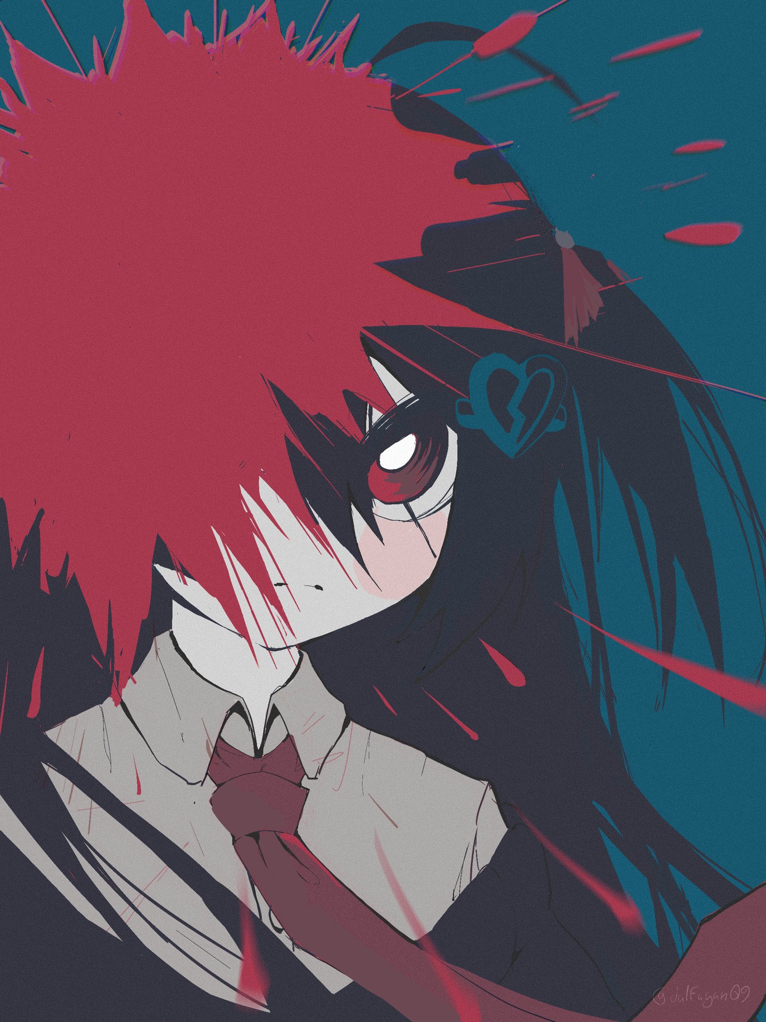 1girl black_cardigan black_hair black_necktie blush_stickers broken_heart_hair_ornament cardigan closed_mouth collared_shirt dalfagan dress_shirt evil_neuro-sama hair_ribbon highres long_hair necktie neuro-sama off-shoulder_cardigan red_eyes red_ribbon ribbon shirt simple_background solo two_side_up upper_body vedal_ai virtual_youtuber white_shirt